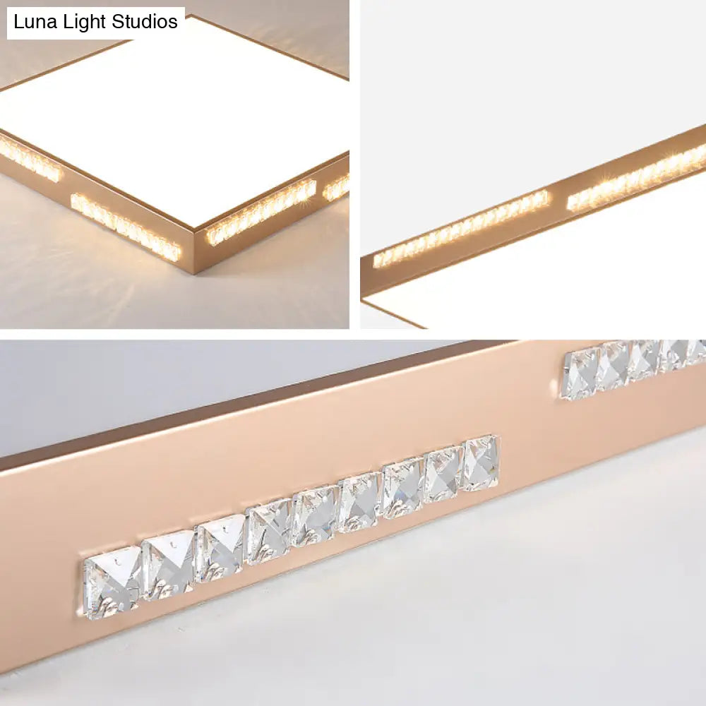 Golden Metal Led Flushmount Ceiling Lamp With Crystal Accents - Simple Square/Rectangular Design