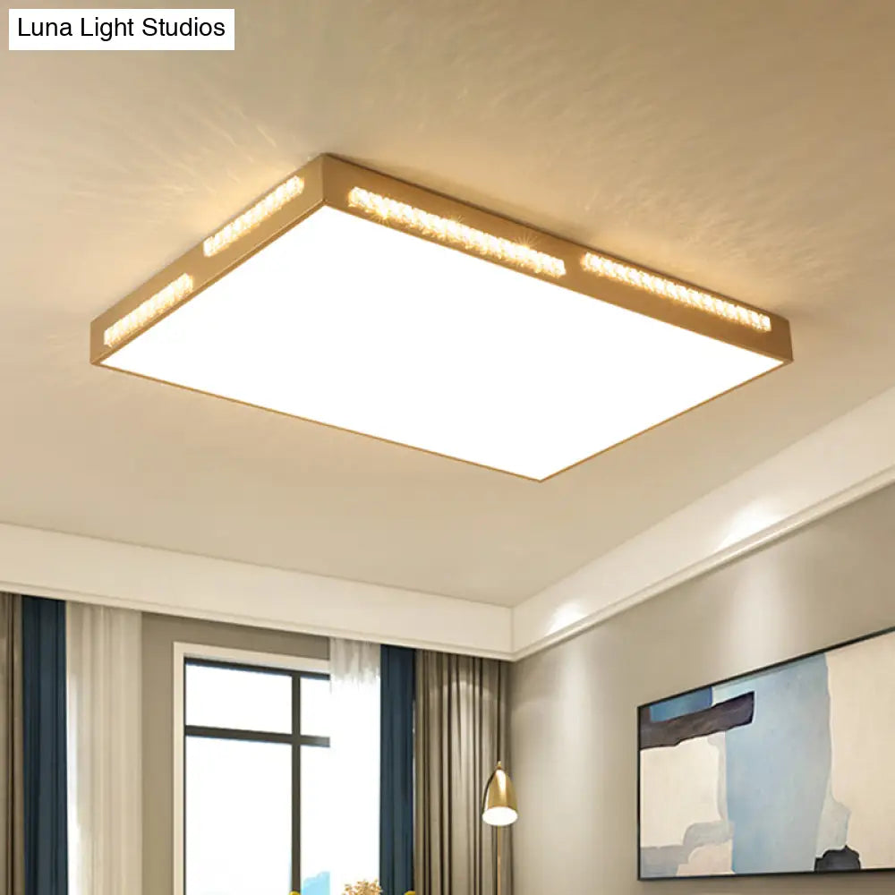 Golden Metal Led Flushmount Ceiling Lamp With Crystal Accents - Simple Square/Rectangular Design