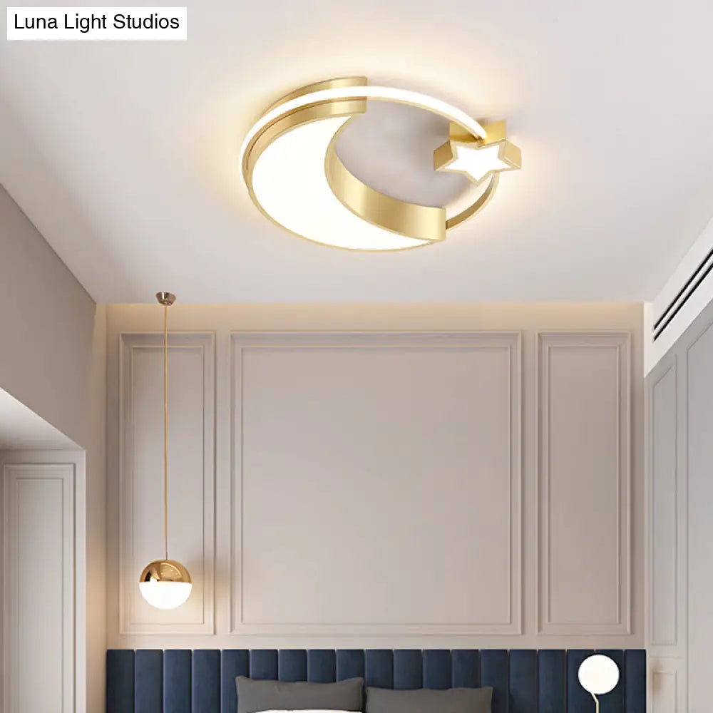 Golden Moon And Star Led Flush Mount: Nordic Acrylic Ceiling Light For Nursery