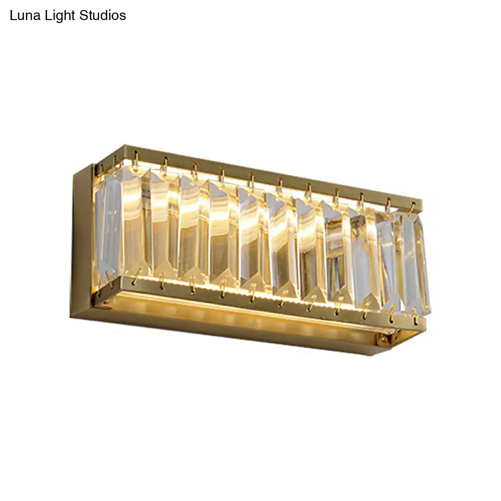 Golden Rectangle Led Wall Mount Light With Clear Faceted Crystal - Modern Metallic Lighting Fixture