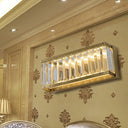 Golden Rectangle Led Wall Mount Light With Clear Faceted Crystal - Modern Metallic Lighting Fixture