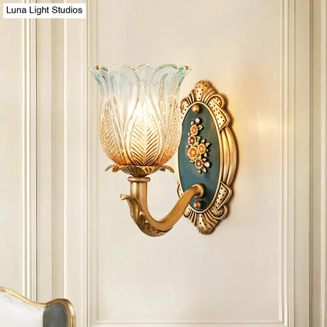 Golden Retro Flower Wall Sconce Fixture With Carved Glass - 1/2 Light Semi-Open Design