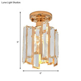 Golden Semi Flush Cylinder Ceiling Light With Crystal Block - Contemporary Gold Fixture