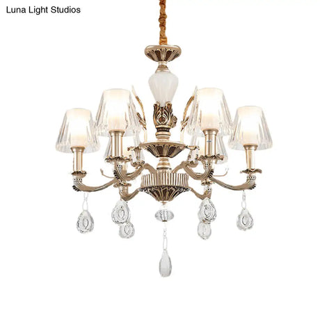 Golden Traditional 6-Light Chandelier With Cone Faceted Crystals - Hanging Lamp Fixture Kit