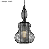 Gourd Cage Pendant Light - Simple Style Metal Black Hanging With Cylinder Shade