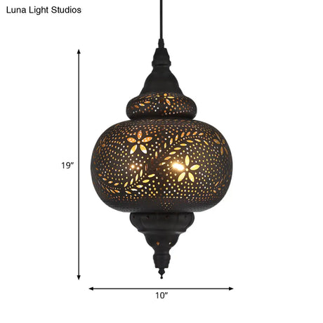 Gourd Hanging Light: Traditional Metal Pendant Fixture In Black 10/12 Wide