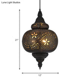Gourd Hanging Light: Traditional Metal Pendant Fixture In Black 10/12 Wide
