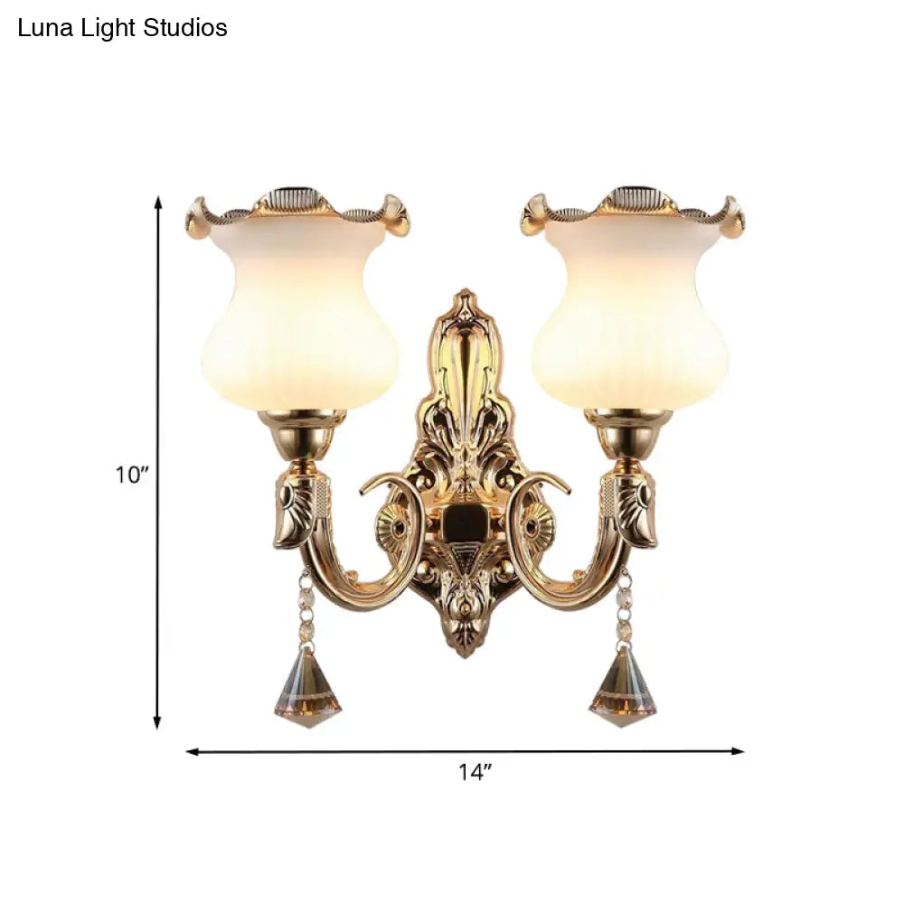 Gourd Shape Opal Glass Bedside Wall Light Fixture - Mid Century Gold Mount Lamp With 2 Bulbs