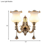Gourd Shape Opal Glass Bedside Wall Light Fixture - Mid Century Gold Mount Lamp With 2 Bulbs