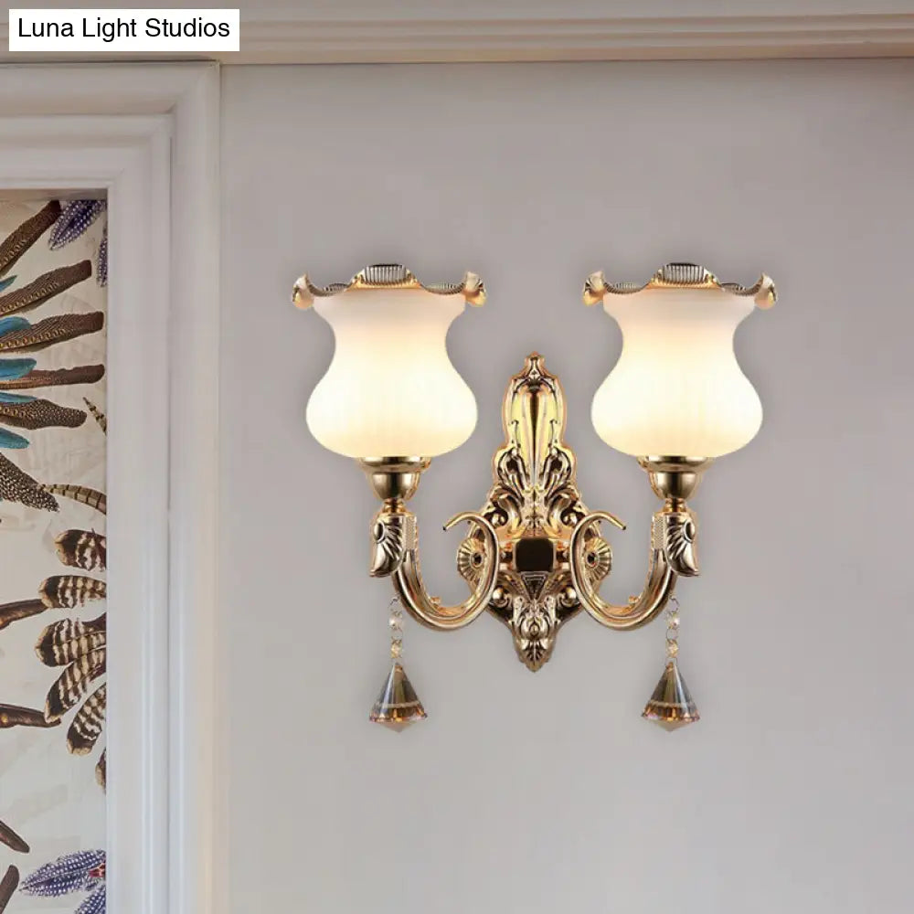 Gourd Shape Opal Glass Bedside Wall Light Fixture - Mid Century Gold Mount Lamp With 2 Bulbs