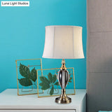Gray Cream Fabric Panel Table Lamp With Crystal Deco Elegant Nightstand Light