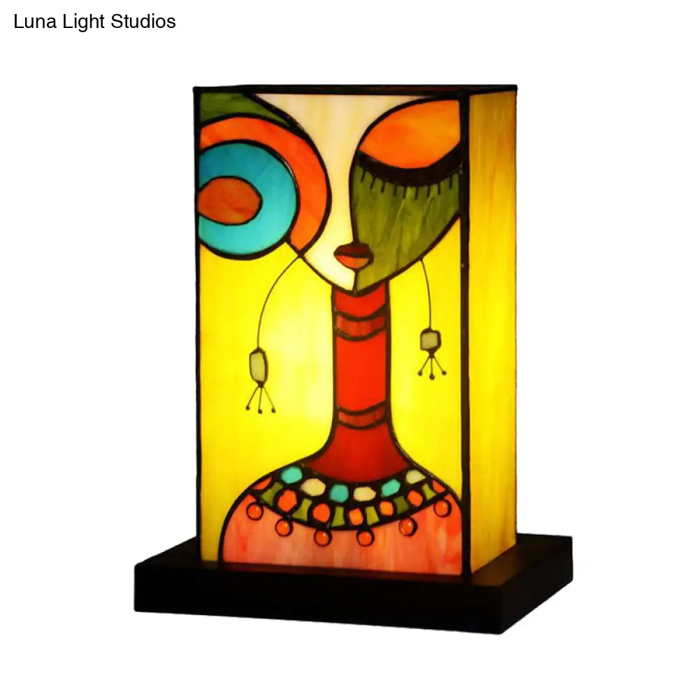 Green Baroque Rectangle Night Lamp With Hand-Cut Glass: Abstract Woman Pattern