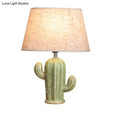 Green Cactus Table Light: Contemporary Porcelain Lamp With Fabric Shade - Perfect For Bedside