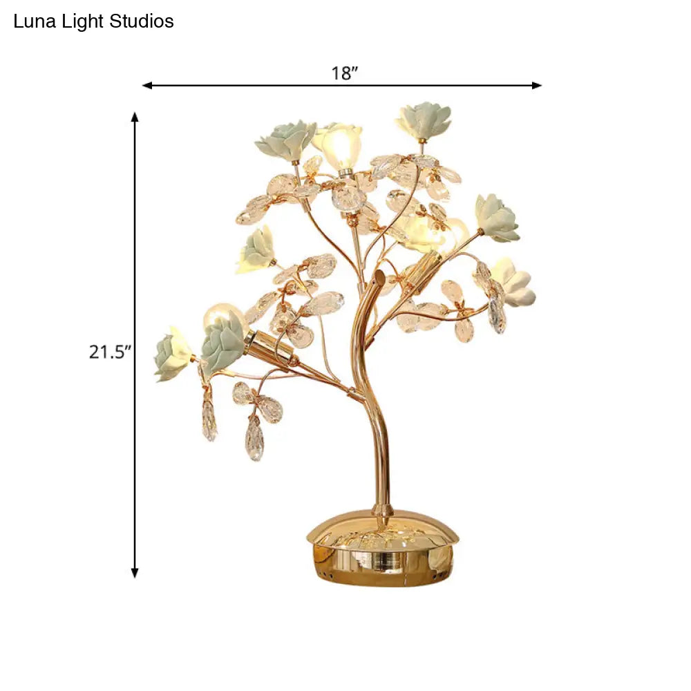 Green Ceramic Nightstand Light - Spring Blossom 3-Light American Garden Table Lamp