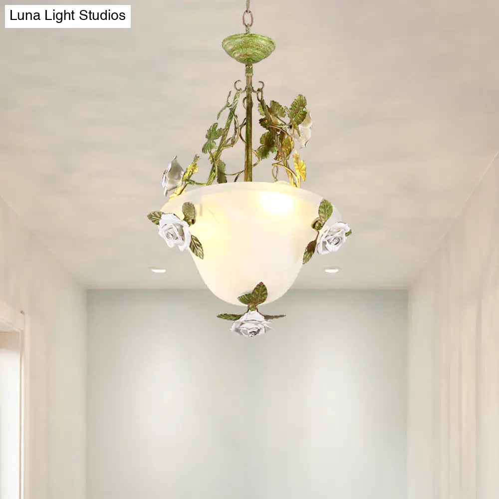 Green Glass Bell Pendant Chandelier For American Flower Dining Room Lighting