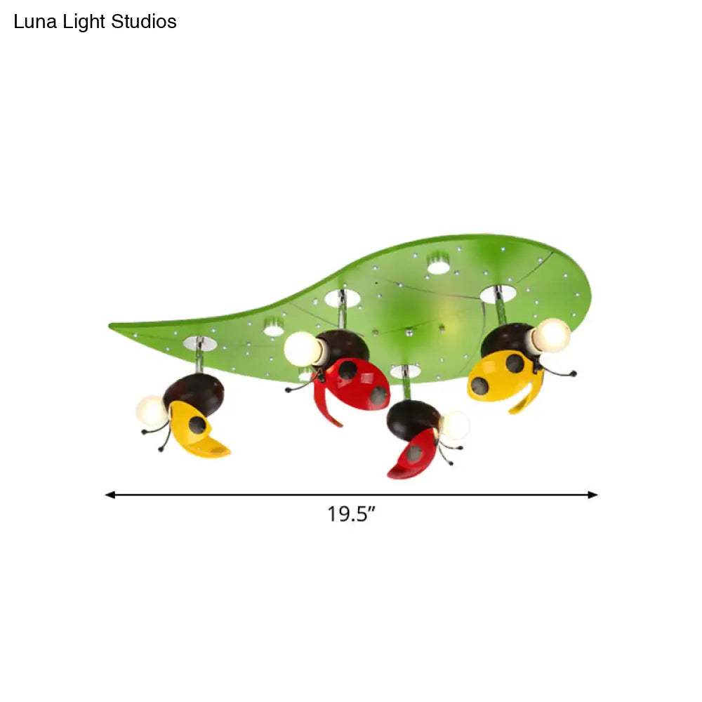 Green Ladybug Rest On Leaf Ceiling Light - Kid Iron 4 - Bulb Bedroom Semi Flush Mount