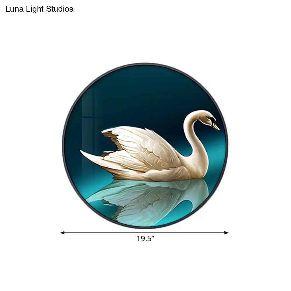 Green Led Asian Style Wall Lamp With Swan Pattern - Circle Metal Mural Lighting Ideas Left/Right