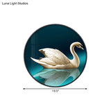 Green Led Asian Style Wall Lamp With Swan Pattern - Circle Metal Mural Lighting Ideas Left/Right