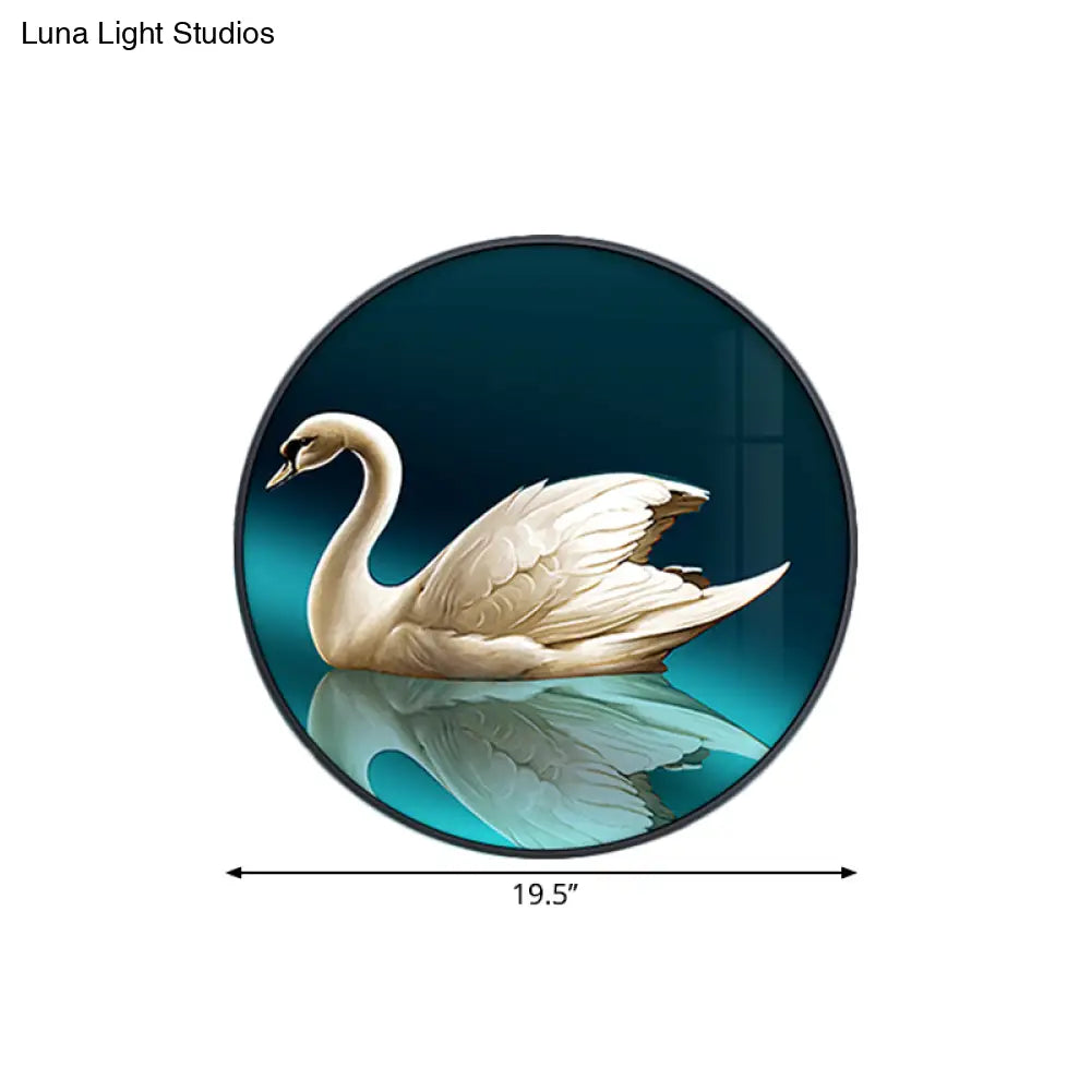 Green Led Asian Style Wall Lamp With Swan Pattern - Circle Metal Mural Lighting Ideas Left/Right