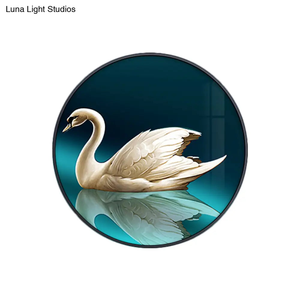 Green Led Asian Style Wall Lamp With Swan Pattern - Circle Metal Mural Lighting Ideas Left/Right