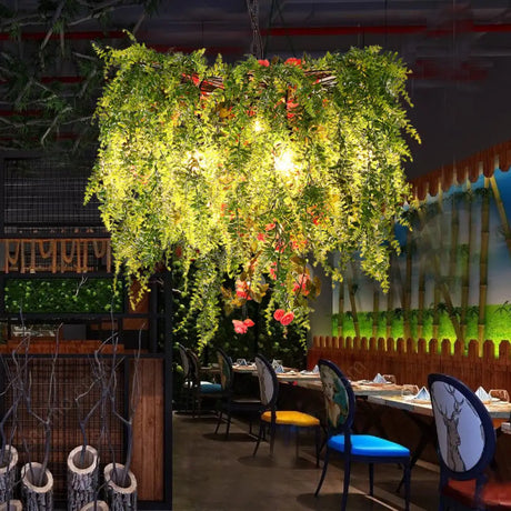 Green Led Industrial Metal Cage Chandelier With Plant Decoration 18/23.5/31.5 Wide