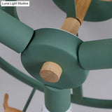 Green Macaron Merry - Go - Round Ceiling Light - Metal And Wood 3 Lights Semi Flush For Dining Room