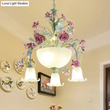 Green Metal Bowl Chandelier - Romantic Pastoral 5/7 Bulb Dining Room Drop Lamp With Rose Accents