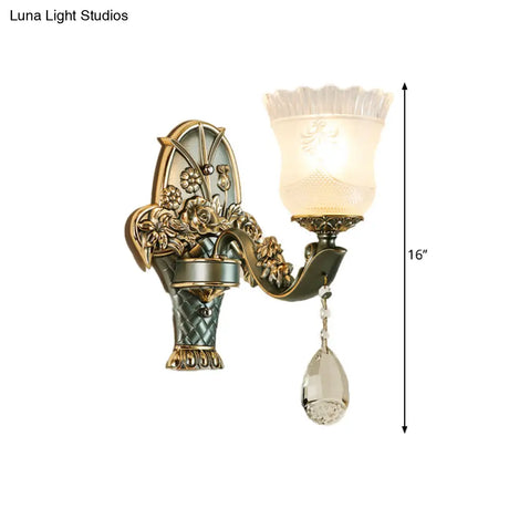 Green Mid Century Single Bulb Sconce - Floral Shade Clear Latticed Glass Bedside Wall Lamp Fixture