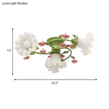 Green Milk Glass Scalloped Ceiling Light Fixture - Pastoral Style Semi Flush Mount With 4 Heads