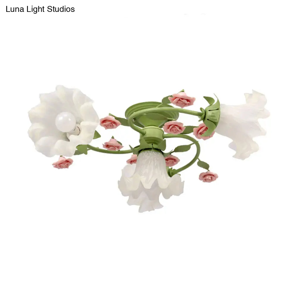 Green Milk Glass Scalloped Ceiling Light Fixture - Pastoral Style Semi Flush Mount With 4 Heads
