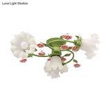 Green Milk Glass Scalloped Ceiling Light Fixture - Pastoral Style Semi Flush Mount With 4 Heads