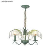 Green Nordic Chandelier: Metal Candle Hanging Light With Leaf & Crystal Detail - 3 Lights Ideal For