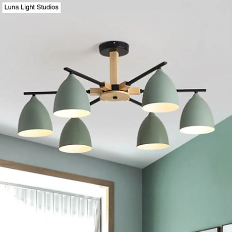 Green Nordic Dome Shade Wooden Hanging Chandelier Stylish Multi-Light Ceiling Light For Living Room