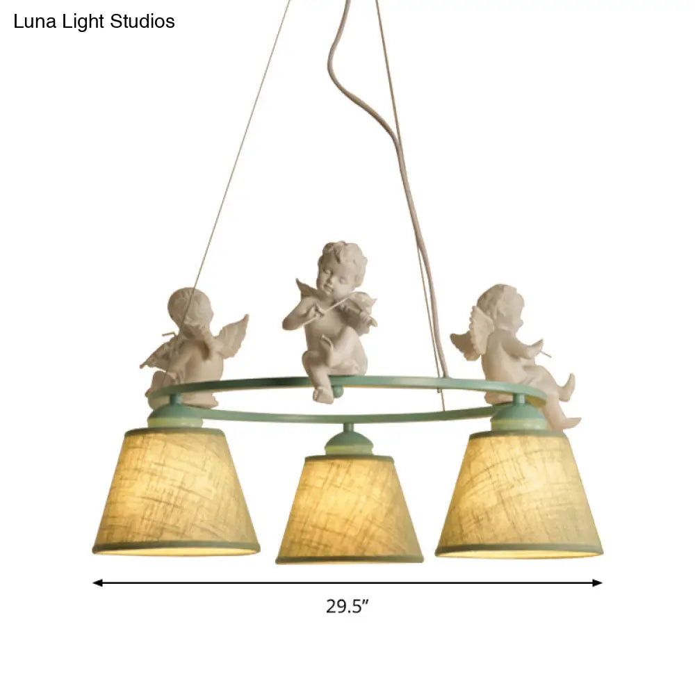 Green Rustic Style Ring Villa Chandelier With Bird & Tapered Shade