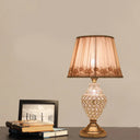 Greta - Rural 1 Head Rose-Trim Conical Table Light Rural Gold Pleated Fabric Night Lamp with Pot Crystal Base Gold