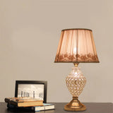 Greta - Rural 1 Head Rose-Trim Conical Table Light Rural Gold Pleated Fabric Night Lamp with Pot Crystal Base Gold