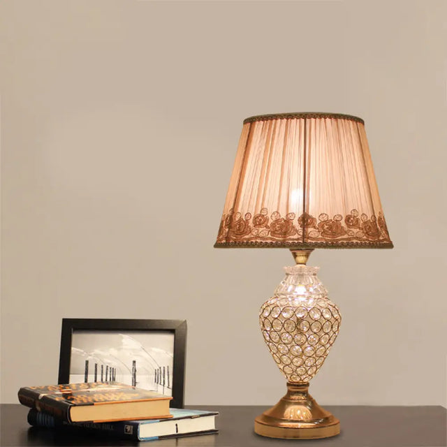 Greta - Rural 1 Head Rose-Trim Conical Table Light Rural Gold Pleated Fabric Night Lamp with Pot Crystal Base Gold