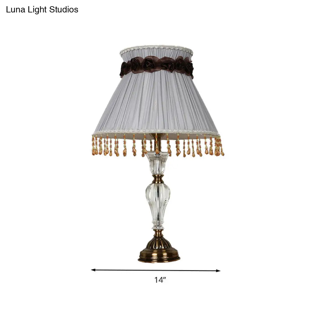 Grey Fabric Night Lamp With Crystal Droplet - Conical Lodge Bedroom Nightstand Light