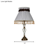 Grey Fabric Night Lamp With Crystal Droplet - Conical Lodge Bedroom Nightstand Light