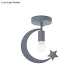 Grey/Gold Crescent & Star Kids Flush Mount Lighting - 1-Light Iron Ceiling Light For Corridor