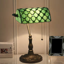 Gridded Glass Antique Nightstand Lamp With Pull Chain - Half Cylinder Table Lighting 1-Light Green