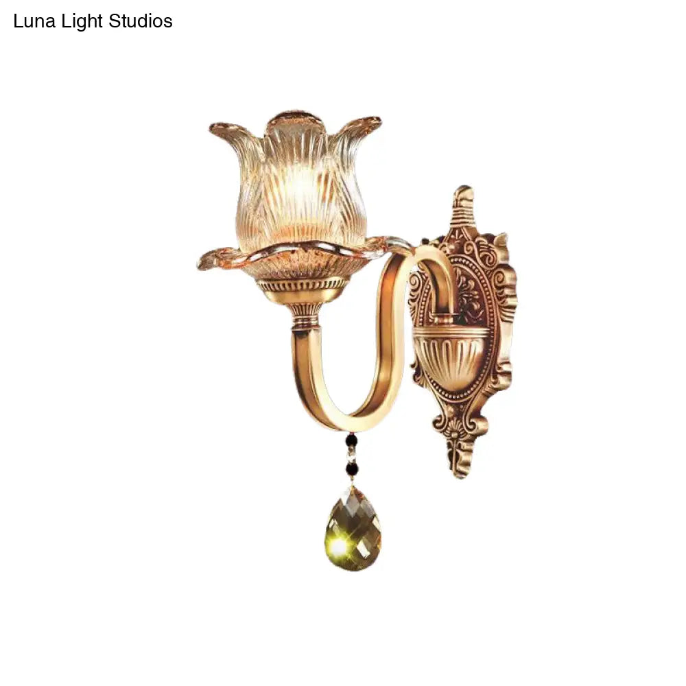 Hand Blown Ribbed Glass Wall Lamp - Antique Gold Flower Bedroom Sconce