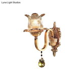 Hand Blown Ribbed Glass Wall Lamp - Antique Gold Flower Bedroom Sconce