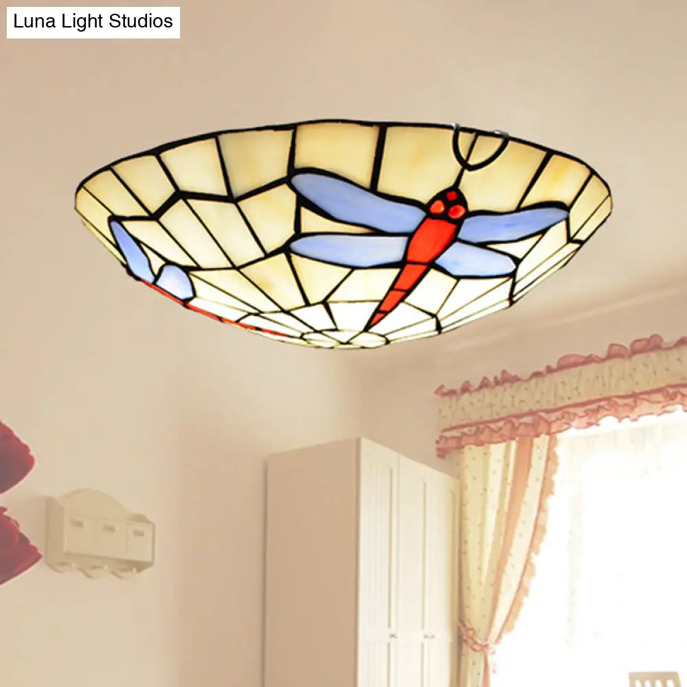 Hand - Crafted Sky Blue Dragonfly Tiffany Glass Ceiling Flush Mount Light