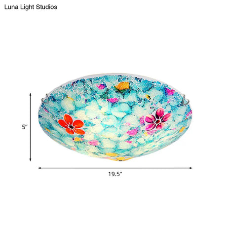 Hand - Cut Blue Glass Tiffany Flower Bowl Flush Light Fixture - 16’ Or 19.5’ Wide With 3 4
