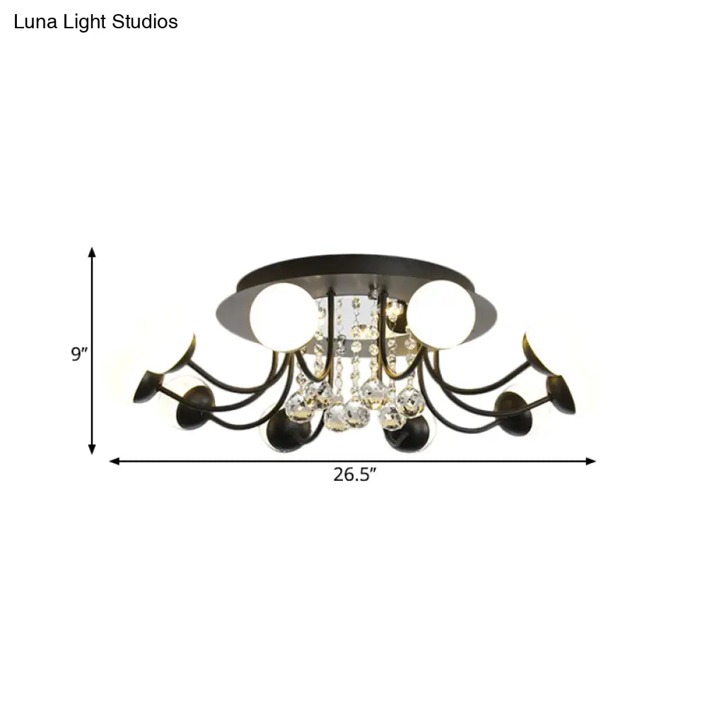 Hand-Cut Crystal Sphere Ceiling Light With Modern Design: 10/12-Head Black/White Mounting For