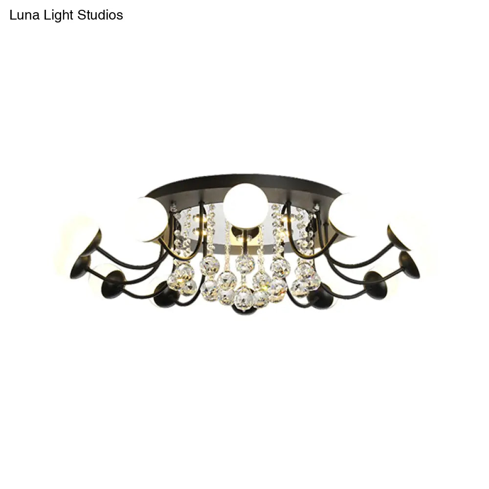 Hand-Cut Crystal Sphere Ceiling Light With Modern Design: 10/12-Head Black/White Mounting For