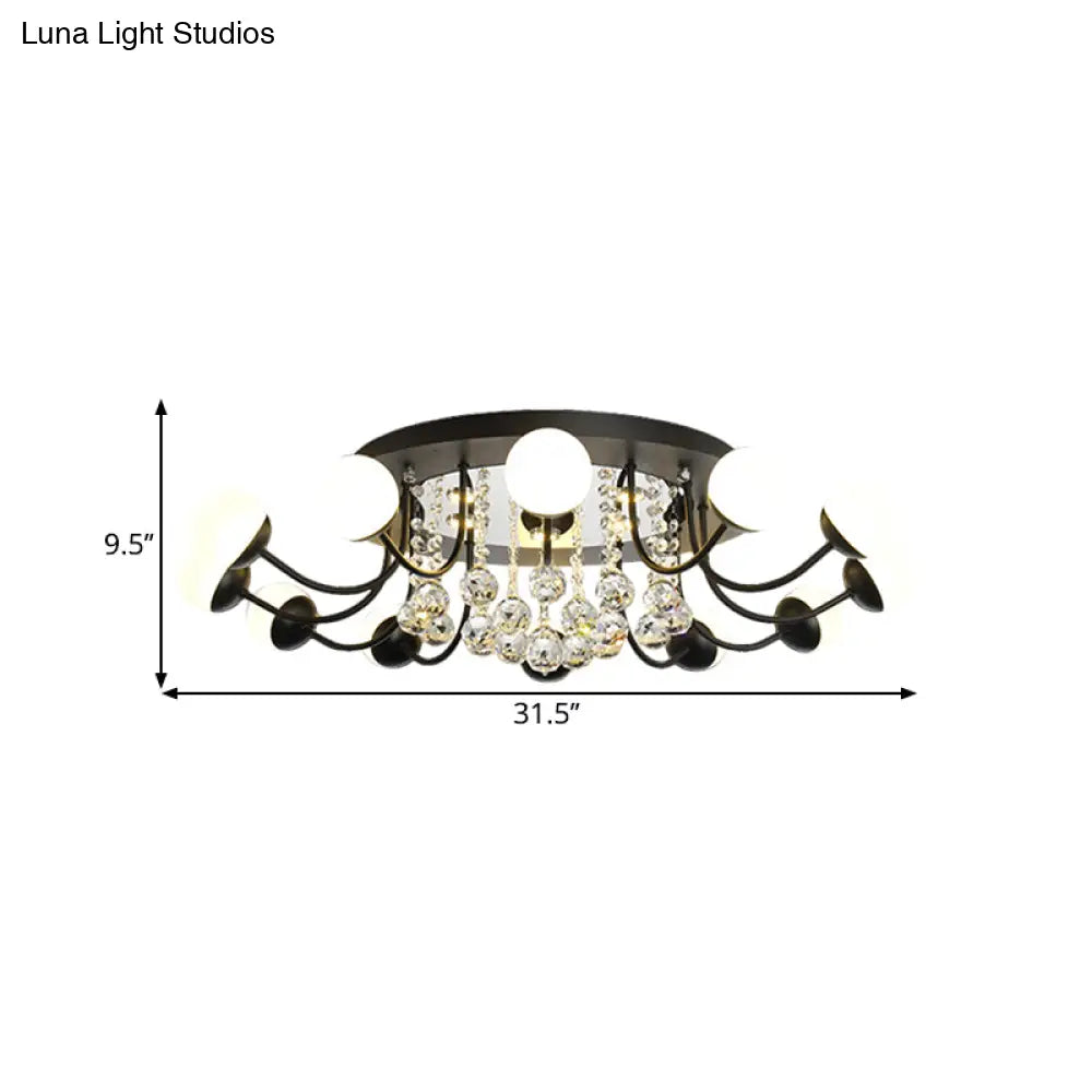 Hand-Cut Crystal Sphere Ceiling Light With Modern Design: 10/12-Head Black/White Mounting For