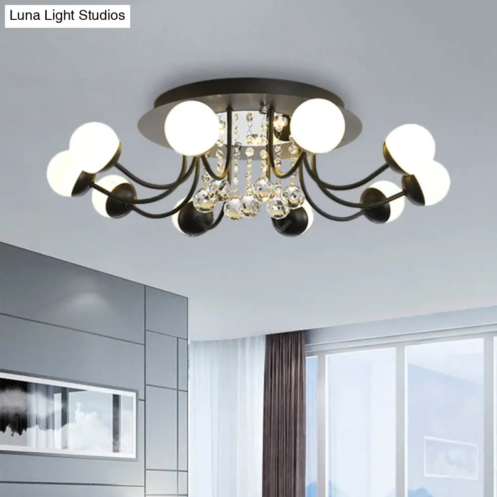 Hand-Cut Crystal Sphere Ceiling Light With Modern Design: 10/12-Head Black/White Mounting For