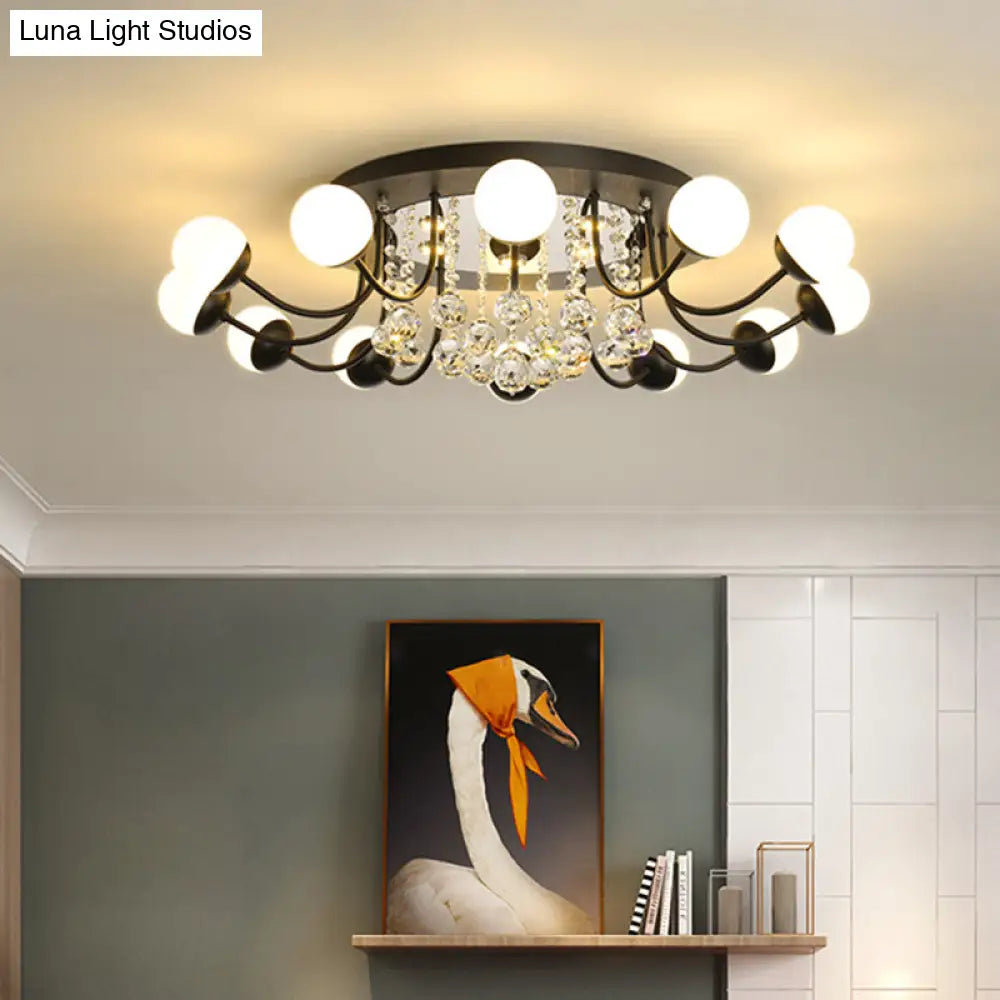 Hand-Cut Crystal Sphere Ceiling Light With Modern Design: 10/12-Head Black/White Mounting For